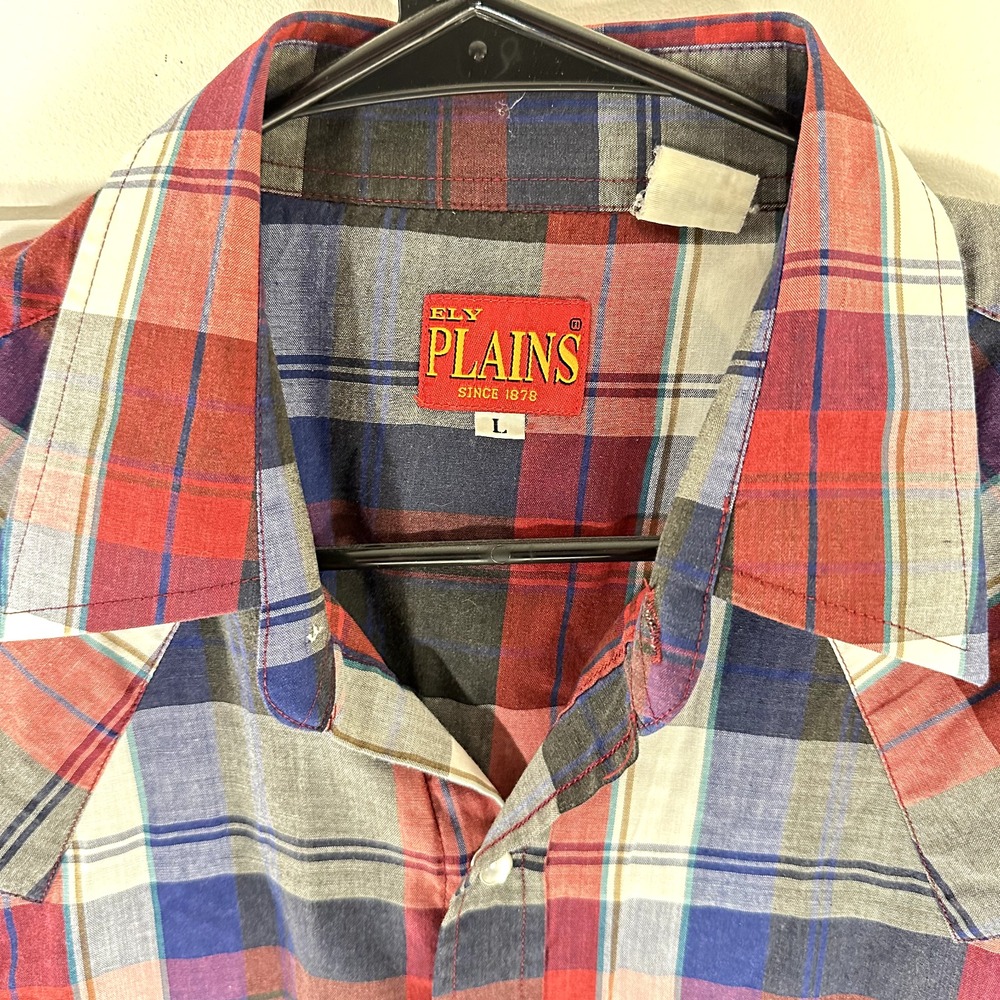 VTG Ely Plains Western Shirt Mens Large Red White Blue Pearl Snap Plaid‎ Pockets
